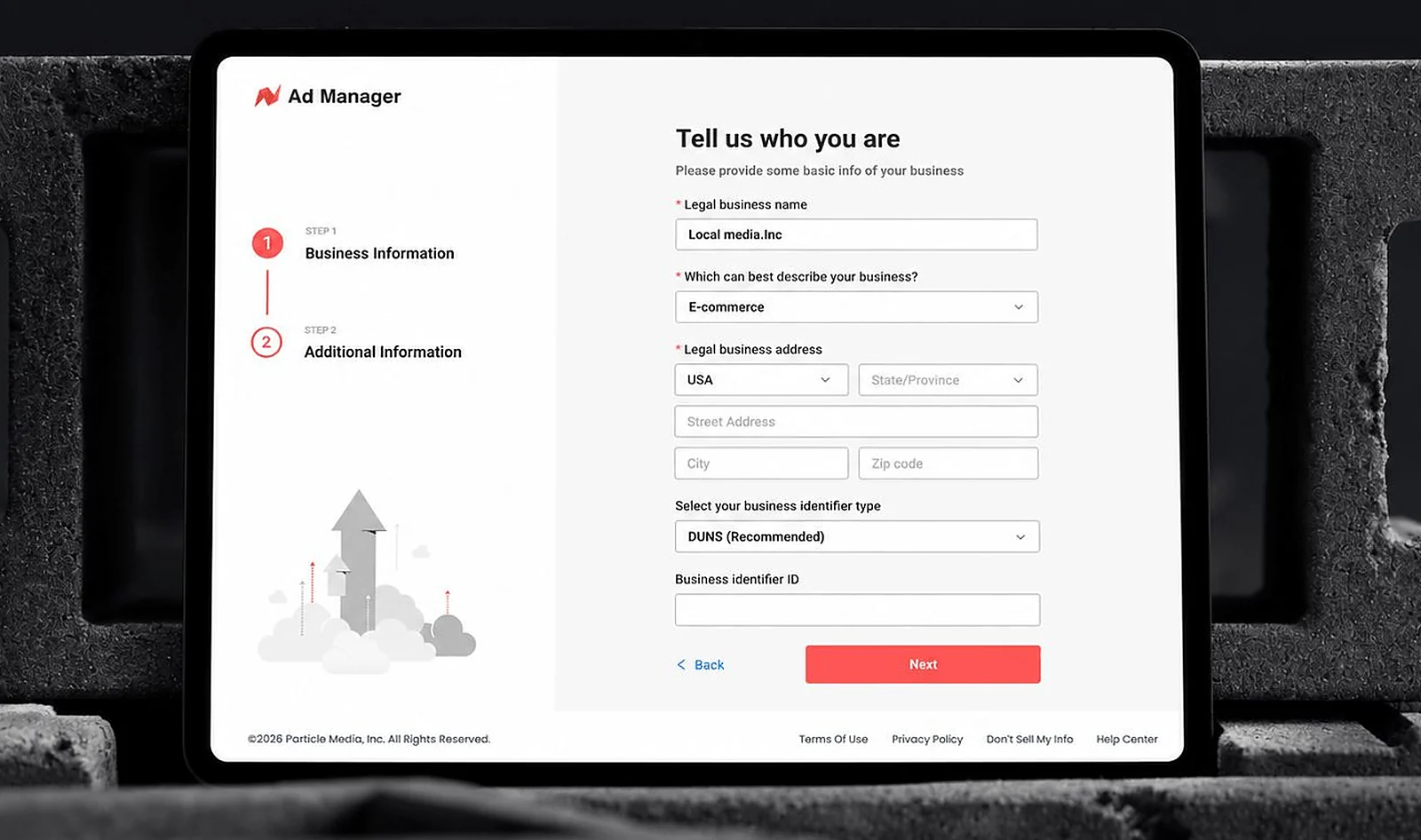 Advertiser onboarding flow shown on a tablet